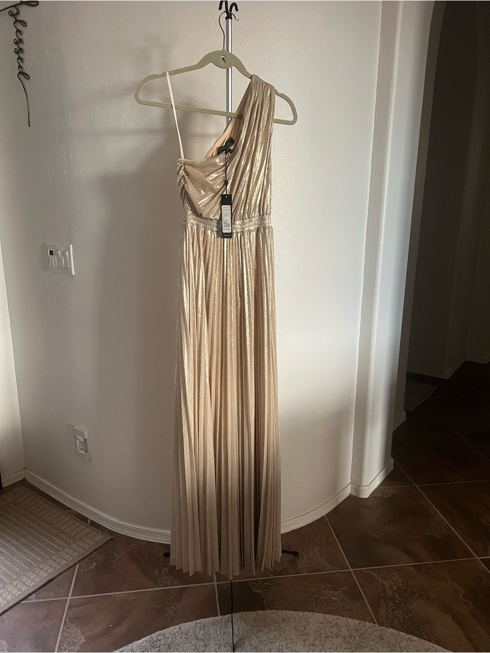 BCBGMaxAzria One-Shoulder Metallic Gold Pleated Gown